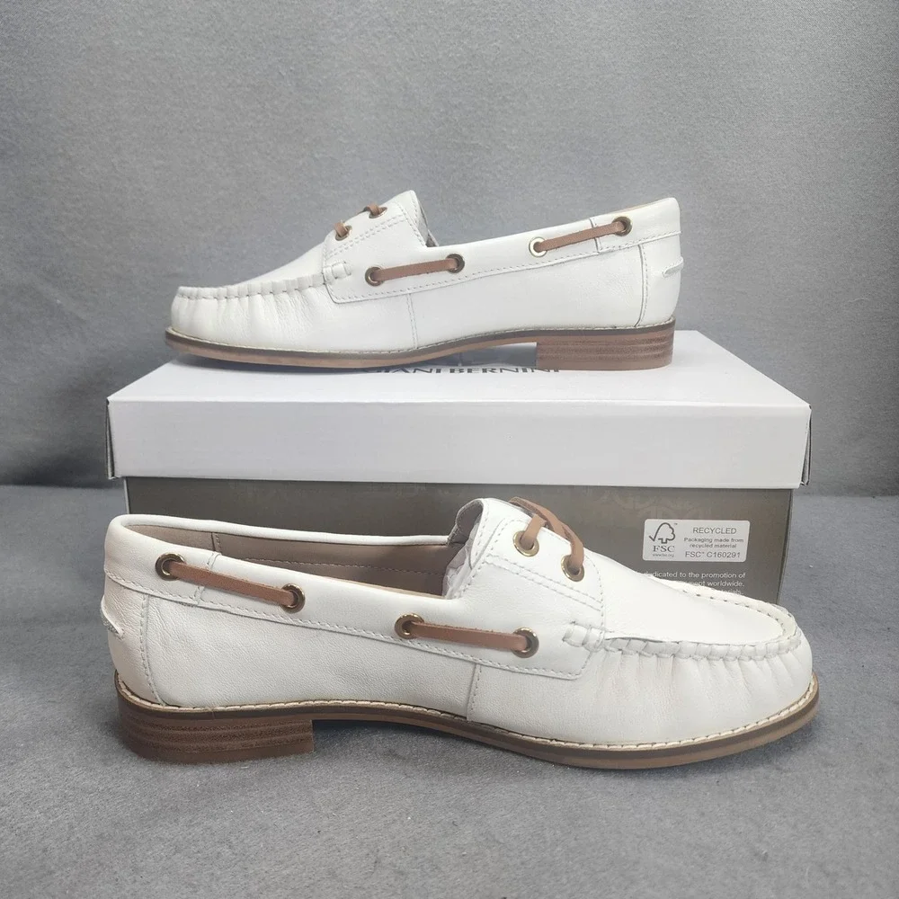 Giani Bernini Lylaal Boat Shoes White Leather Nautical Loafers Womens 8M
